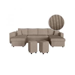 Loungitude Canapé panoramique OSLO convertible avec 2 coffres, 2 poufs à gauche en velours côtelé taupe