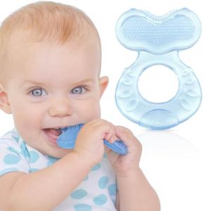 Nûby Teethe-eez souple en silicone | Anneau de dentition en silicone avec surface pour masser les dents | étui hygiénique inclus | Bleu | +3 Mois