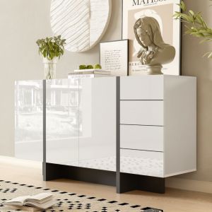 Fortuna Lai - Buffet 150x40x80.5cm - Buffet blanc brillant avec 2 portes et 4 tiroirs - facile à nettoyer - Blanc + Noir