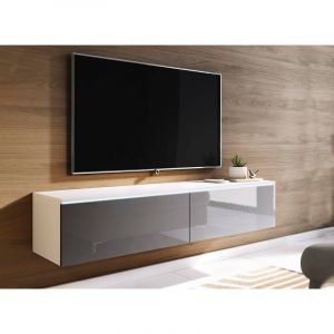 Meuble tv contemporain laqué gris et blanc avec led 2 portes malorie - 180 cm - gris blanc