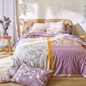 Taie d'oreiller double face en coton &agrave; motifs fleuris violet POETIQUE