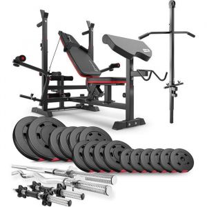 Hop-Sport Ensemble d'haltères 75 kg et Banc de Musculation Multifonction HS-1075, Pupitre de Biceps, Papillon, Poulie haute, Set de disques de poids en plastique 31 mm, Kit de Barres d'haltères