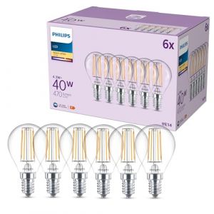 Philips Ampoules LED classiques P45, 40 W, Verre transparent, Culot E14, Blanc chaud 2700 K, Pack de 6