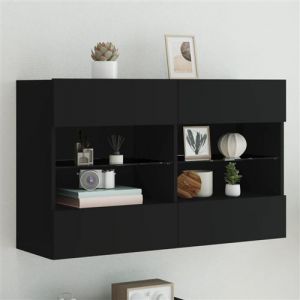 VidaXL Meuble TV avec Lumières LED, Armoire de Télévision Murale avec Étagères, Meuble Télé Suspendu Salon, Moderne, Noir Bois d'Ingénierie