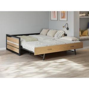 Vente-unique - Lit gigogne 120 x 200 et 90 x 200 cm - mdf, Pin et métal - Naturel et anthracite + Matelas - boston