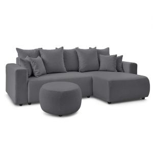 Bobochic Canapés d'angle convertibles Canapé d'angle réversible convertible coffre envy tissu bouclette doux avec pouf rond Gris foncé - Gris foncé