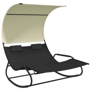 Transat chaise longue bain de soleil lit de jardin terrasse meuble d'extérieur double à bascule avec auvent noir et crème 02_0012766