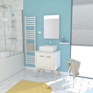 Aurlane MEUBLE SALLE DE BAIN SCANDINAVE BLANC 60 CM SUR PIEDS AVEC PORTES, VASQUE A POSER ET MIROIR LED - NORDIK KLAPP LED 60