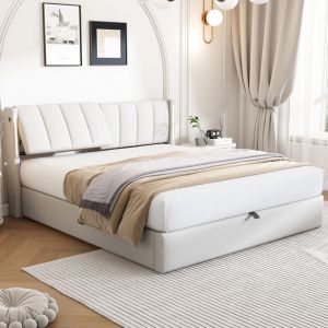 Lit coffre rembourré en similicuir 140 x 200 cm - avec port de chargement usb et éclairage led - tête de lit à angle réglable - Blanc