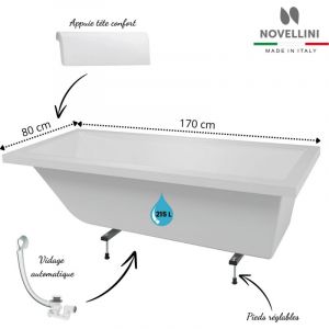 Novellini Pack baignoire rectangulaire calos 2.0 avec pieds + repose tête + vidage Dimensions 170x80