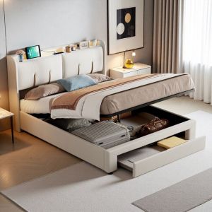 Lit Double 160x200 - Lit Coffre Hydraulique - Rangement LED - Tiroirs - Velours Blanc