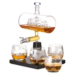 Oak & Steel - Carafe à Whisky de Navire (1000ml) avec Robinet en Acier Inoxydable & 4 Verres à Whisky (300ml)