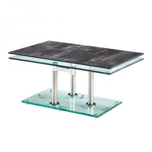 Table basse MATCH CERAMIQUE ANTHRACITE 2 plateaux pivotants en verre piétement acier