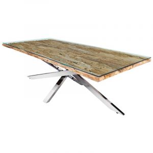 Image de Table de salle &agrave; manger RAFTA &ndash; Bois massif et verre tremp&eacute; &ndash; 220 cm &ndash; Style moderne