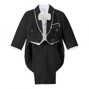 Lito Angels Ensemble 5 Pieces Costume de Smoking Noir pour Bebe Garcon, Mariage Ceremonie Fete, avec Gilet et Noeud Papillon Jacquard Or, Taille 12-18 Mois