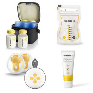 Medela Kit Allaitement Complet - Tire-lait Électrique Double Swing Maxi Hands-Free + Cooler Bag avec 4 Biberons + Sachets Conservation