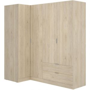 Pegane Armoire d'angle, meuble de rangement en bois mélaminé coloris chêne naturel - Longueur 173 x Profondeur 90 x Hauteur 184 cm