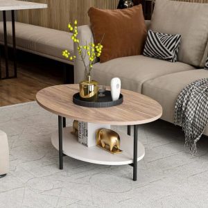 Cotecosy Table basse ovale Mekong 60x90cm Métal Noir et Bois Blanc et Chêne clair - Blanc / Chêne
