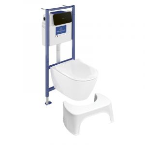 Villeroy & Boch Pack WC sans bride Subway 2.0 abattant frein de chute + bâti-support sol et mur+ plaque noir mat + Tabouret blanc