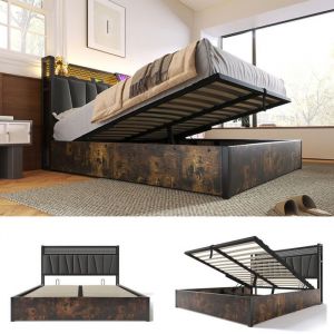 Lit coffre 140x200cm en tissu lin - avec LED、Ports de charge et sommier &agrave; lattes- Gris