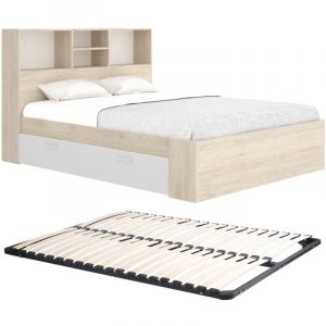 Lit 140 x 190 cm avec rangements - Coloris : Naturel et blanc + Sommier - VARDIEL