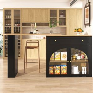 Table à manger debout Extensible 138-204 cm - Buffet avec étagères - Rotatif 360° - Noir