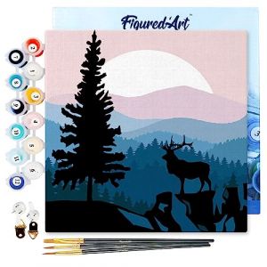 Figured'Art Mini Peinture par Numéro Adulte 20x20cm avec cadre Cerf majestueux et Paysage - Petit Format Kit de Loisir Créatif DIY Numéro d'Art Complet