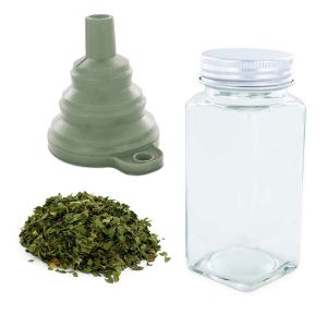 Aromandise Flacon à épices poudreur + entonnoir + feuilles de coriandre bio 15 g
