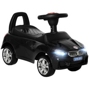 Homcom Porteur enfants voiture - coffre à jouets klaxon phares et musique - PP et métal - 635 x 28 x 36 cm - noir