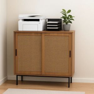 Urban Meuble - Armoire de rangement de bureau effet bois 2 portes coulissantes en rotin 100x90x37cm