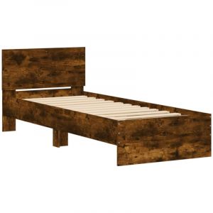 VidaXL Cadre de Lit Tête de Lit et Lumières LED, Lit Simple avec Sommier à Lattes, Lit Adulte, Meuble de Chambre, Moderne, Chêne Fumé 90x190 cm