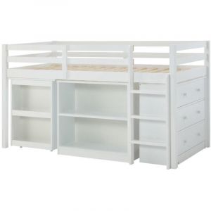 Vente-unique - Lit combiné 90 x 190 cm avec rangements et bureau extensible - Pin et mdf - Blanc - abreno