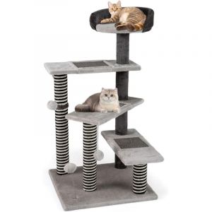 COSTWAY Arbre &agrave; Chat XL 93 cm, 5 Plateformes, 3 Poteaux &agrave; Griffer en Jute, 3 Planches &agrave; Griffer en Sisal, Arbre a Chat Design, 2 Pompons et Balle &agrave;