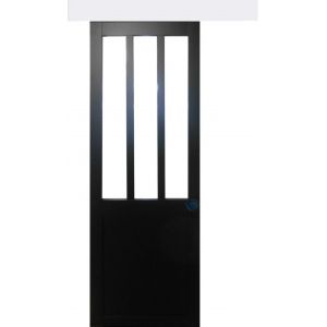 Porte Coulissante Atelier Noir H204 X L83 + Rail Alu Bandeau Blanc Et 2 Coquilles Noir Gd Menuiseries