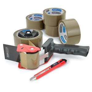 Rapesco Pack 5 rubans emballage Tesa Basic 66m x 50mm + 1 dévidoir + 1 cutter