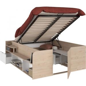 Parisot ODYSSEE Lit coffre adulte - 140x190/200 cm - Avec coffre relevable - D&eacute;cor chene et Blanc - 168,3x66,5x209,5 cm