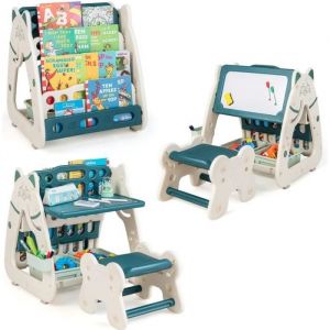 3 en 1 Table Enfant/Chevalet Enfant Magnétiqueavec Tabouret Réglable en Hauteur, Bibliothèque Enfant avec Tableau Effaçable à Sec, 2 Boîtes de