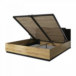 Image de Lit coffre 160x200 coloris ch&ecirc;ne clair et noir collection FOX. - Marron - Bois