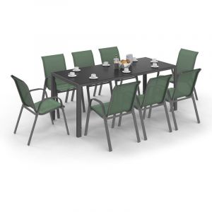 Idmarket Salon de jardin MADRID table 190 cm et 8 chaises empilables vert olive