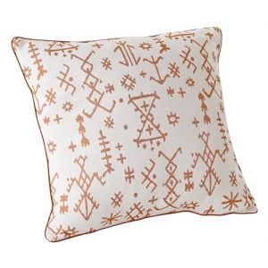 LINDER Coussin Garni - Tissu tissé et Teint en France - Style Ethnique - Finition Passepoil - Déhoussable - Coloris Blanc à Motif Fauve - Dimensions 45x45cm - Collection Mescal