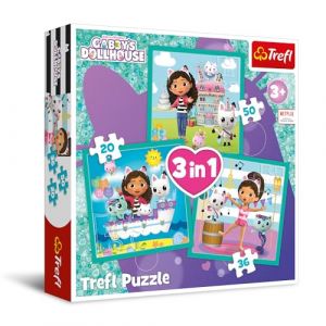 Trefl Gabby's Dollhouse, Activités de Gabby - Puzzle 3en1, 3 Puzzles, de 20 à 50 Pièces - Puzzles Colorés avec Personnages de Bande Dessinée, Loisir pour Les Enfants à partir de 3 Ans