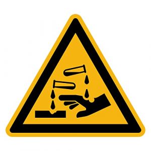 Autocollant Danger Warning Avertissement NF ISO7010 - Sticker Adh&eacute;sif Signal&eacute;tique Triangulaire Lamin&eacute; Plastifi&eacute; R&eacute;sistant &agrave; l'eau et aux UV - Substances Corrosives - 5x5 cm