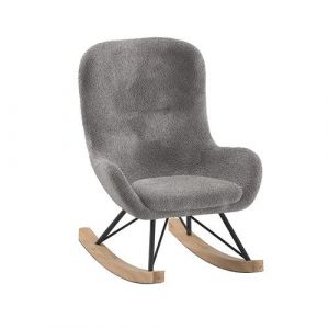 Mouty - Chaise &agrave; Bascule Enfant en Tissu Bouclette Gris Pieds Bois et M&eacute;tal
