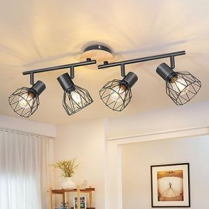 Plafonnier LED 4 Spots - KIMJO - Noir - E14 - Métal et Bois - Ajustable 90°/350°