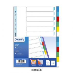 Favorit Intercalaires à perforation universel pour classeurs à anneaux avec 12 encoches neutres colorées en polypropylène (matière plastique non toxique)