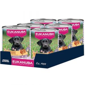 Eukanuba Life Care Aliment Humide pour Chiot 1 à 12 Mois Toutes Races, Pâtée Riche en Dinde & Carottes, Oméga-3, Calcium, Prébiotiques MOS, sans OGM Colorants Conservateurs, 6 boîtes de 400g