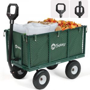 Sekey Chariot de jardin 500 kg avec parois rabattables, sac intérieur et roues pleines en caoutchouc – remorque de transport robuste, Vert