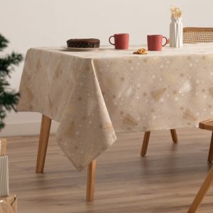 Nappe de No&euml;l en coton jacquard beige et or 140x100 cm