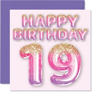 19th Birthday Card for Women - Pink & Purple Glitter Balloons - Happy Birthday Cards for 19 Year Old Woman Daughter Sister Auntie Cousin, 145mm x 145mm Nineteen Nineteenth Bday Greeting Cards Gift