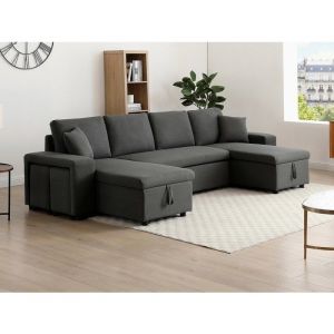 Canap&eacute; d'angle panoramique convertible avec rangements et poufs en tissu gris anthracite SELIM